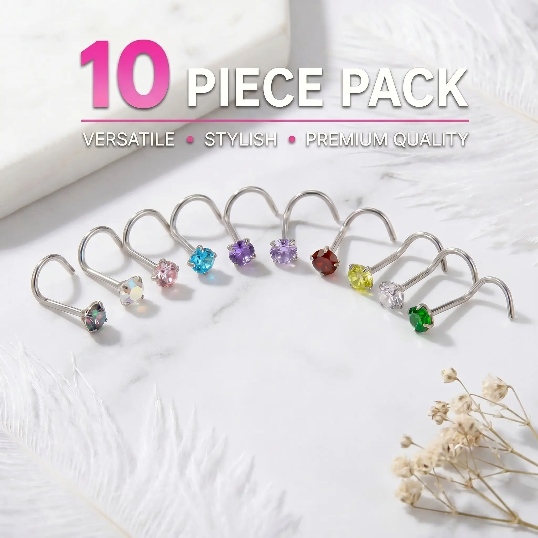 10pcs 316L Titanium Steel L-Universal 5A Zirconia Nose Ring Earring Hypoallergenic Titanium Brighter Than Diamond Bling Unisex Ultra-Light Frame Scratch-Proof Metal Luxe Body Jewelry