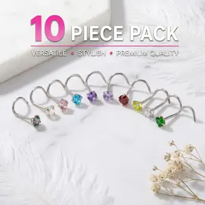 10pcs 316L Titanium Steel L-Universal 5A Zirconia Nose Ring Earring Hypoallergenic Titanium Brighter Than Diamond Bling Unisex Ultra-Light Frame Scratch-Proof Metal Luxe Body Jewelry