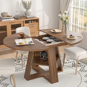 43"-59" Extendable Round Dining Table with Storage Base, Wooden Oval Conference Table for 4-6 People, Space Saving Kitchen Table (Walnut/Natural/Black)