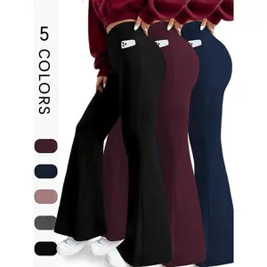 Women's 3-Pack Super Soft Flare Pants with Pockets, High-Waisted Tummy Control Bell Bottoms, No-See-Through Workout & Yoga Leggings