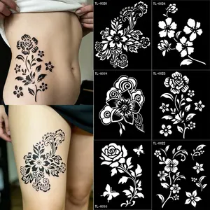 6 Piece Floral Tattoo Stencil Patches, Butterfly Rose Cutout Stickers for Body Art, Reusable Temporary Tattoos, Contemporary Style