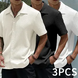 Textured solid-color men’s 3-pack short-sleeve shirts with turn-down collar, lightweight breathable summer commuter shirt