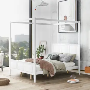 queen sized bunk beds Queen Size Canopy Platform Bed with Headboard and Footboard,Slat Support Leg,White