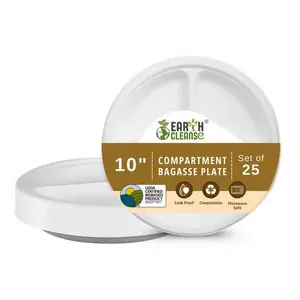 Compostable Sugarcane Bagasse Round Plates - 10 Inch - 3 - Compartment - Pack of 25