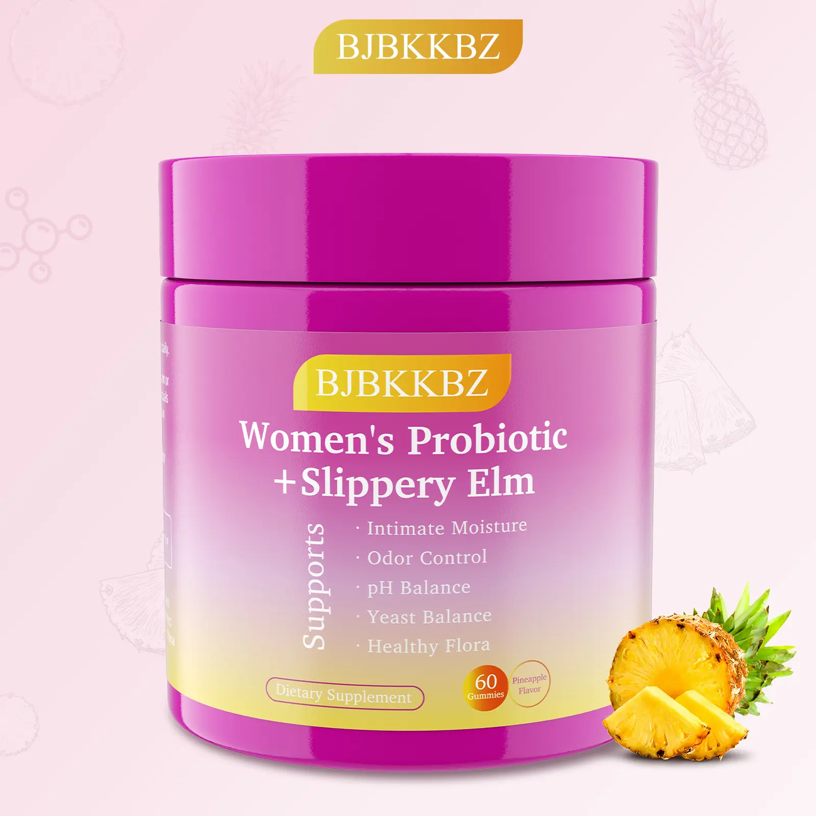 BJBKKBZ Women's Probiotic + Slippery Elm Gummies, Pineapple Flavor, Supports pH Balance, Yeast Balance & Intimate Health, 60 Count Dietary Supplement Feminine Multi-Mineral pineapple gummies woman probiotic gummies relief