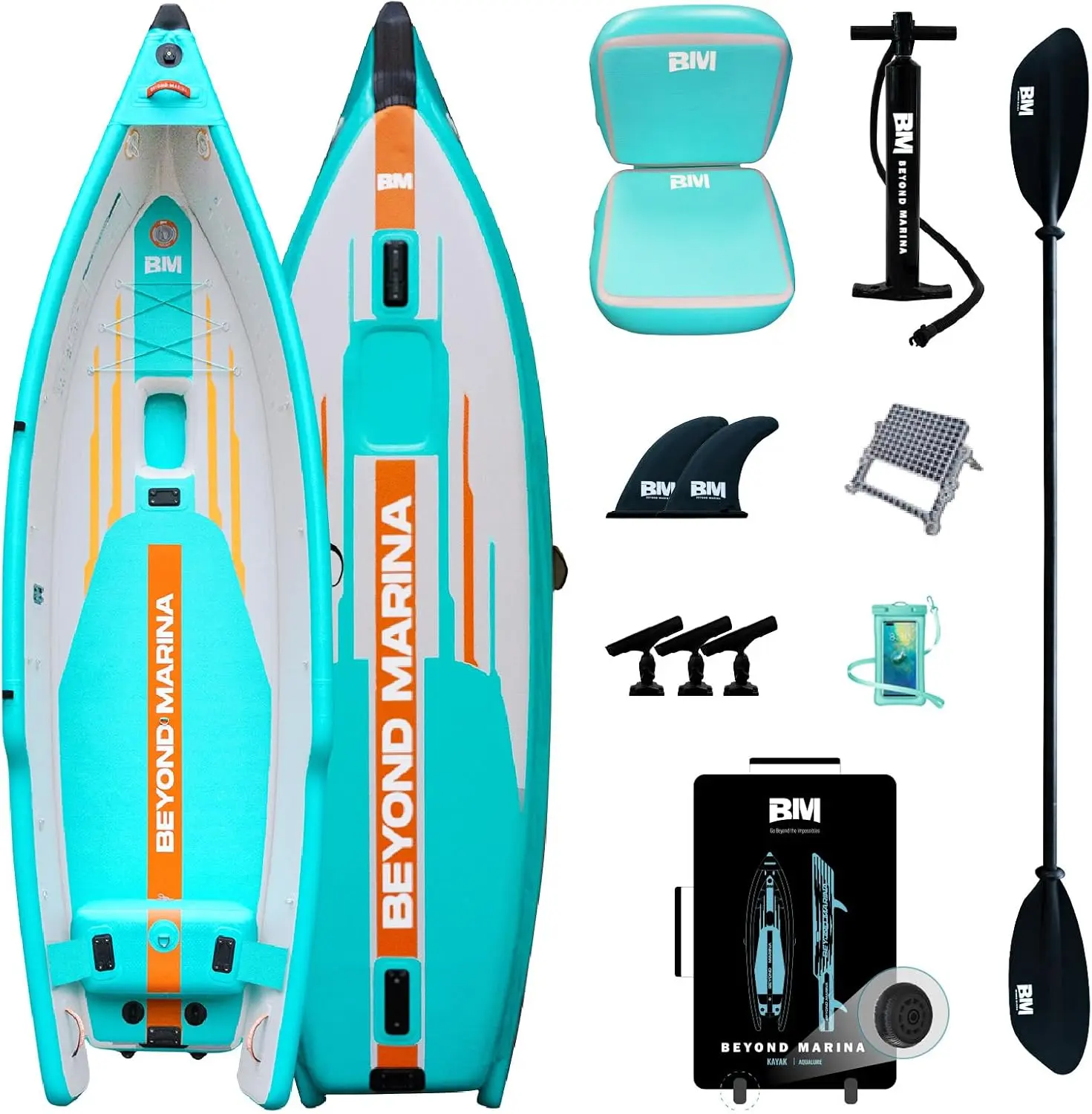 Beyond Marina 12′6″ Inflatable Kayak with Motor Bracket, 1 Person Blow Up Fishing Boat, Includes Wheeled Backpack, 3 Rod Holders & Inflatable Seat, Compatible with Pedal Drive & Rudder(Optional)
