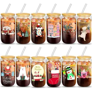 12 Pack Christmas Glass Cups 16 oz Christmas Drinking Glasses with Lids and Straws Drinking Cups Drinkware Xmas Snowman Holiday Tumbler Coffee Beer Can Shaped for Wine Tea Water(Chic Style)