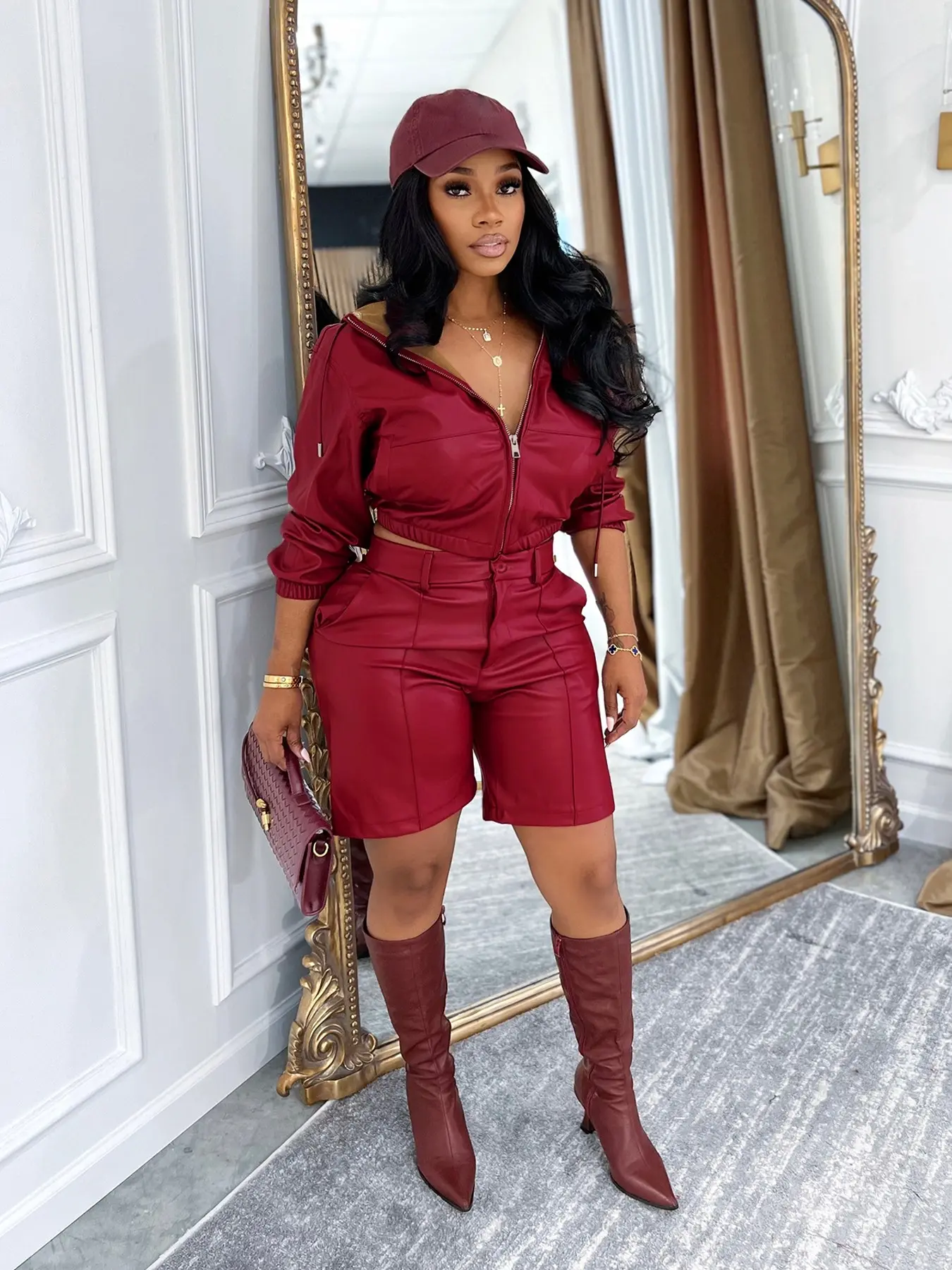 Women's Fashion Leather Jacket Set, Long Sleeve Hooded Top & Five-Quarter  Shorts, Casual Style Fitted Two-Piece Outfits, Womenswear - TikTok Shop