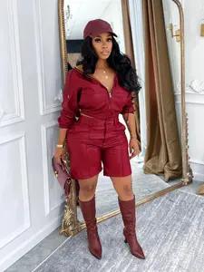 Women's Fashion Leather Jacket Set, Long Sleeve Hooded Top & Five-Quarter Shorts, Casual Style Two-Piece