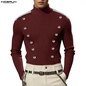 INCERUN Men's Fashion Knitwear - Black, Burgundy Long-Sleeve Ribbed Shiny Knit Turtleneck Double-Breasted Slim-Fit Sweater for Autumn Winter Party, Retro Military Anime Cosplay Stage