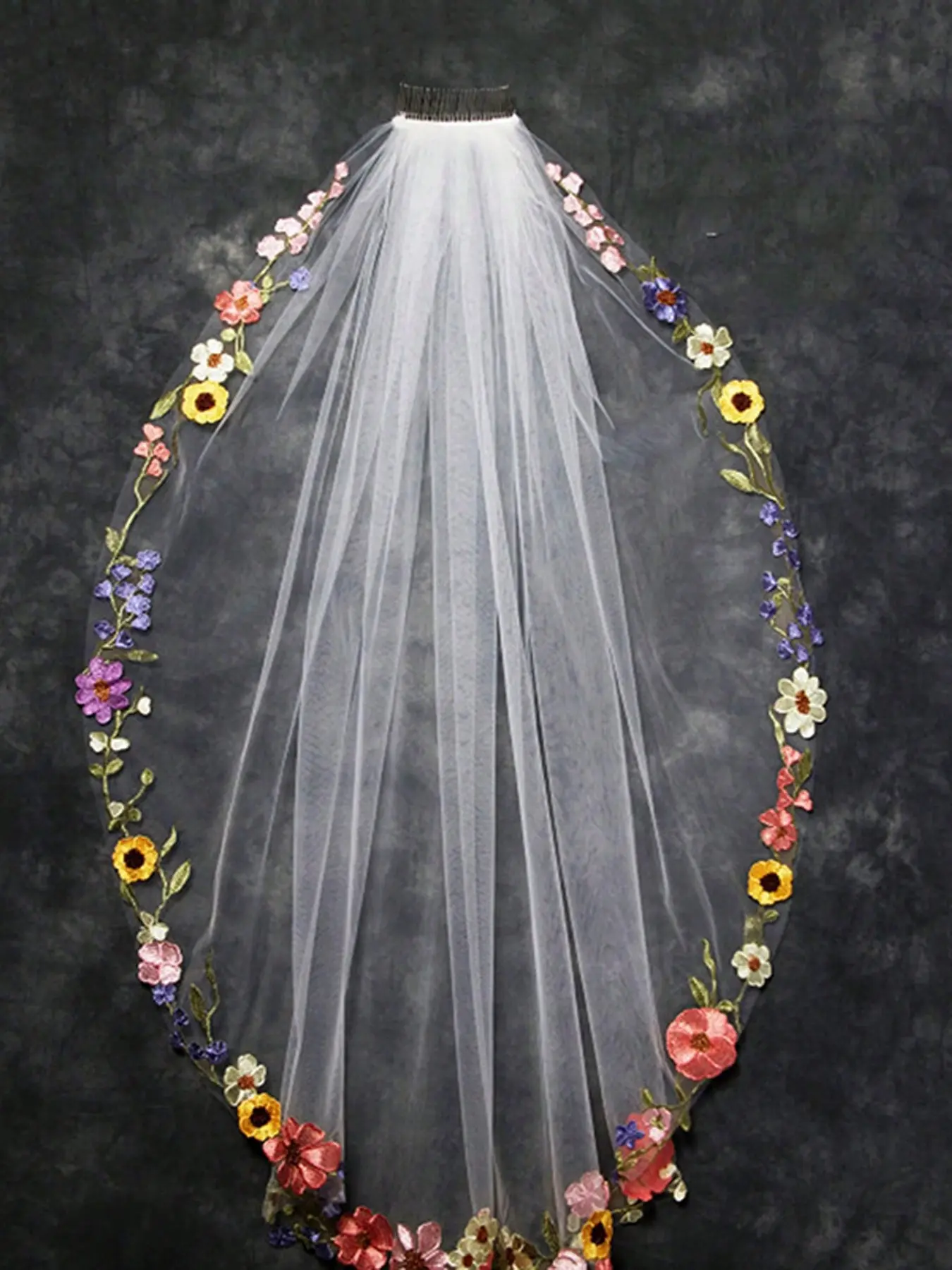 Floral Embroidered Bridal Veil, Colorful Trim Wedding Veil with Comb, Romantic Boho Bride Headpiece, Perfect for Garden and Summer Weddings