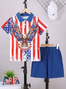Kid Boys' Independence Day Shorts Set Eagle American Flag Print Lapel Shirt Elastic Shorts 2Pcs Clothes From 7-15Y,Ready Stock Casual
