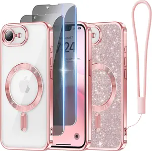 For iPhone 16E Case 2025 – Rose Gold Glitter Wallet Cover with Card Holder, Wrist Strap, 2 Privacy Screen Protectors (6.1”), Raised Lens Protection & Shockproof Protective Design
