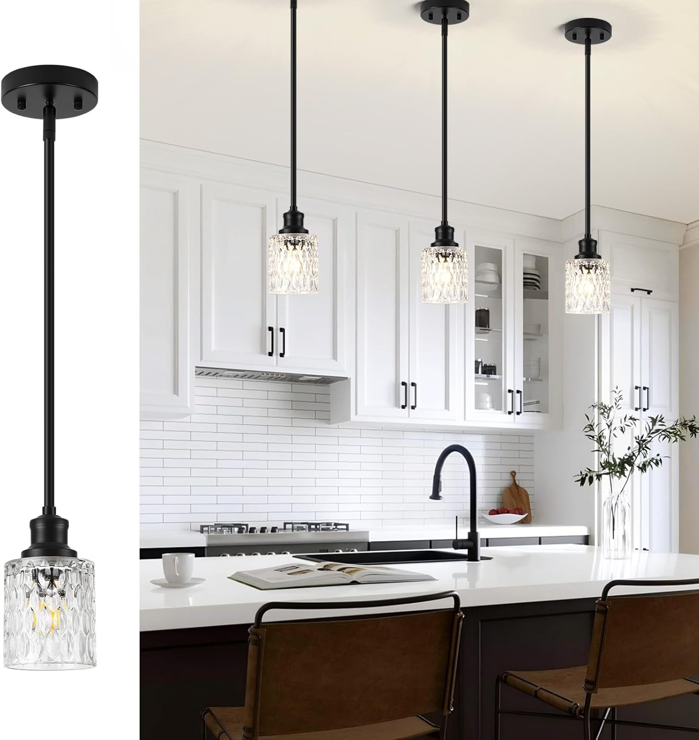 Glass Pendant Lights Kitchen Island, 1-Light Modern Black Mini Pendant with Drum Glass & Rods, Mini Hanging Light for Kitchen Sink Dining Room Bathroom