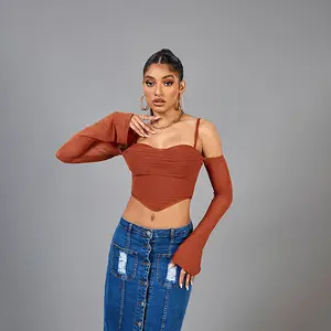 Just Step Corset Top for Women - Brown Strapless Design, Long Sleeve, Plain Pattern, Fitted Style