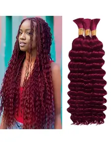 20 Inches Human Hair Bulk for Braiding, Dark Wine 110g Deep Wave Jerry Curly Boho Braids, Hair Bulk Extension Bobbi Hair