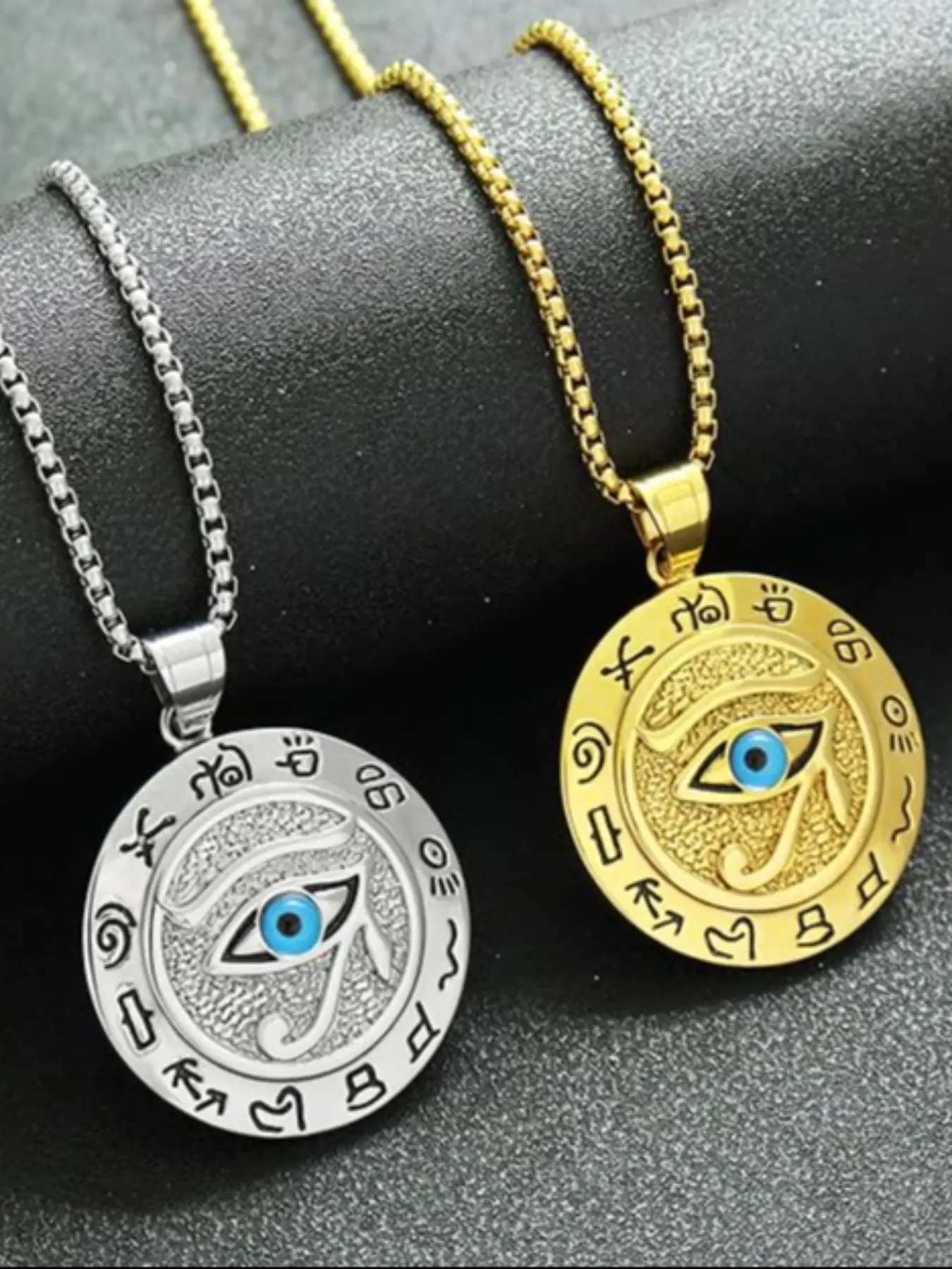 1pc Stainless Steel Ancient Egyptian Eye Of Horus Pendant Necklace, Egyptian Design Hieroglyphic Medal Pendant Necklace, Protection Amulet With Blue Crystal, Protection Charm, Religious Jewelry For Men And Women, Spiritual Pendant, Pendants Jewelry