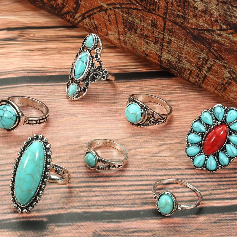 1Set Bohemian Western Style Synthetic Turquoise Necklaces, Earrings, Rings, Bracelets, Women'S Jewelry Sets, Daily Vacations, Outdoor Parties, Wearing Jewelry, Mother'S Holiday Gifts