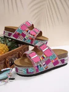 Vintage Ethnic Style Beaded Thick Sole Slippers, Adjustable Buckle Wooden Sole Sandals, Beach Vacation Daily Wear Height Boost Shoes, Summer