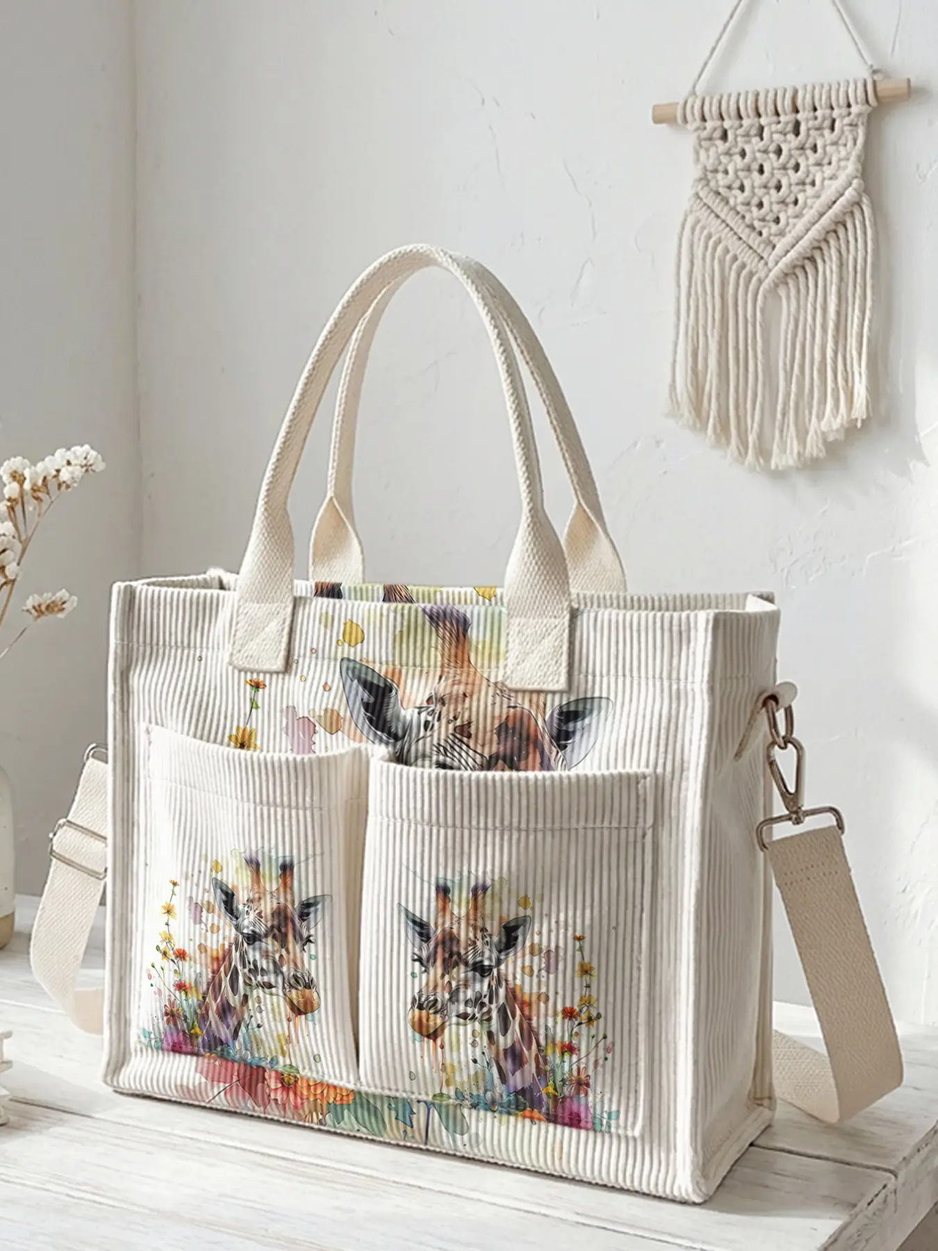 One giraffe print travel bag, large-capacity storage bag, wear-resistant and durable. Multi-pocket design for high space utilization, suitable for work, shopping, picnics and other occasions. Shoulder Tote