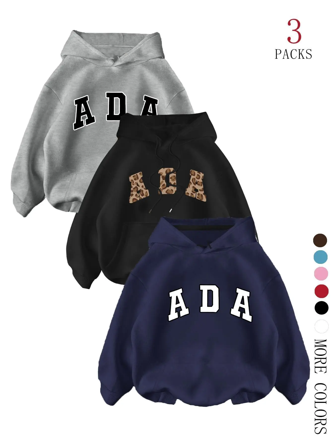 Women's Three-Piece Squirrel Pocket Hoodie Set, Aesthetic Hoodie, Ada Letter Print Style, Fall & Winter Casual Loose Fit, Comfortable Soft Fabric