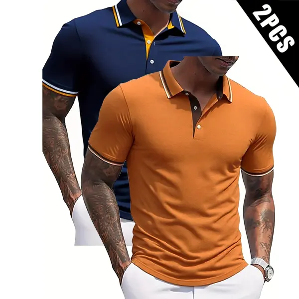 2pcs Men'S Short Sleeve Shirt With Collision Collar - Turn Collar, Button Closure, Regular Fit, Casual And Business Casual Wear, Perfect For Summer Or Gift Giving, Short Sleeve Top Menswear