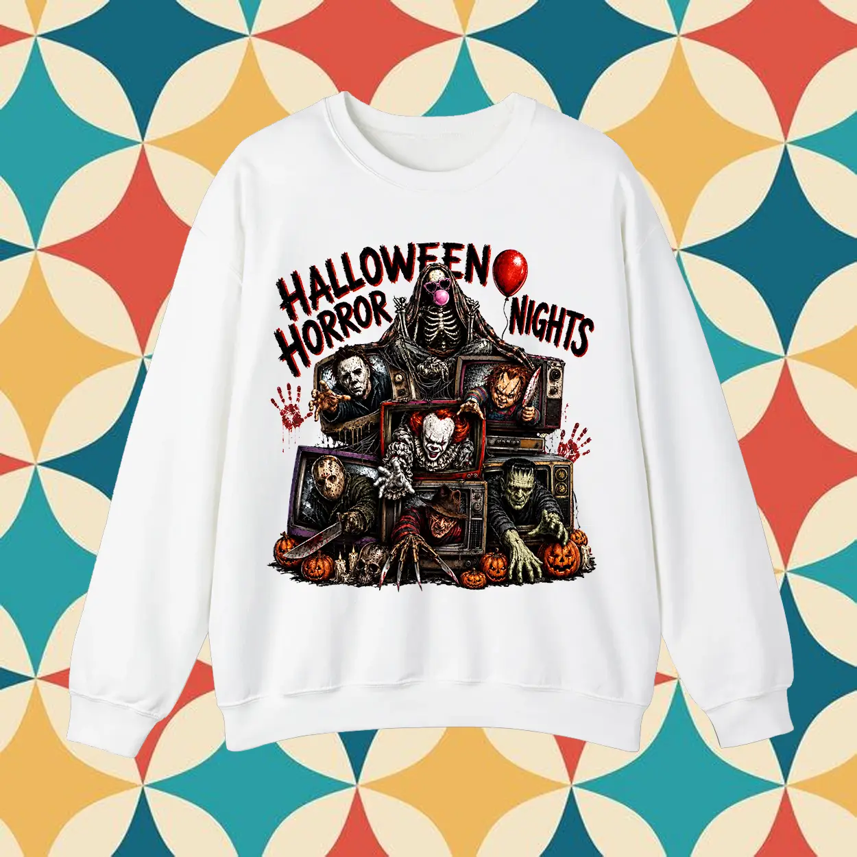 Halloween Horror Nights TV Stack Monsters Graphic Sweatshirt And T-Shirt | Spooky Season Killer Friends Retro Horror Movie Pullover Top Gift