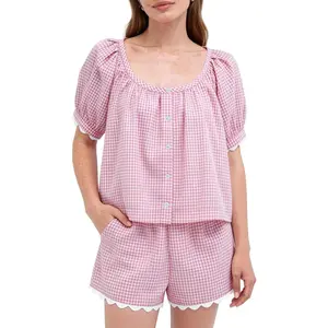 Women's Gingham Pajama Set 2 Piece Cotton Pjs Puff Sleeve Scoop Neck Scalloped Trim Shorts Loungewear