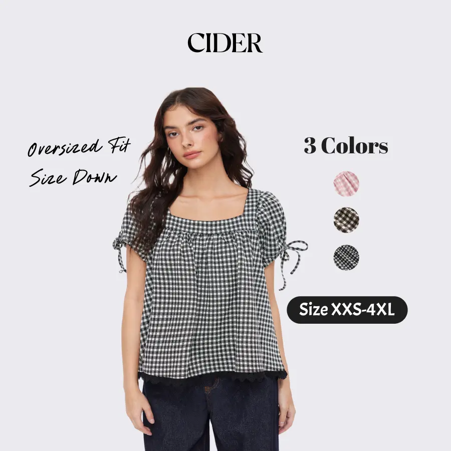 Cider Vintage Summer Plaid Square Neck Blouse for Casual Daily, Elegant Puff Sleeve Top, Ladies Drawstring Shirt, Retro Vacation Outfits, Lady Crop Tops