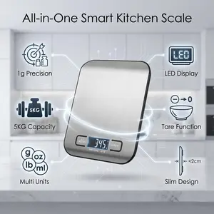 Digital Kitchen Scale 1g Precision Food Scale 5KG Capacity with LED Display Stainless Steel Surface for Baking Coffee Meal Prep Cooking Home Kitchen