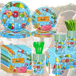 133pcs pool party supplies, decorations, disposable tableware set, birthday plate and napkins, tablecloth set, summer pool beach party plates, cups, straws, spoons, forks, knives for 16 guests