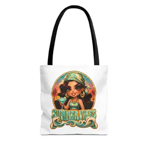 Summer Vibes Boho Girl Tote Bag | Tropical Cocktail Illustration