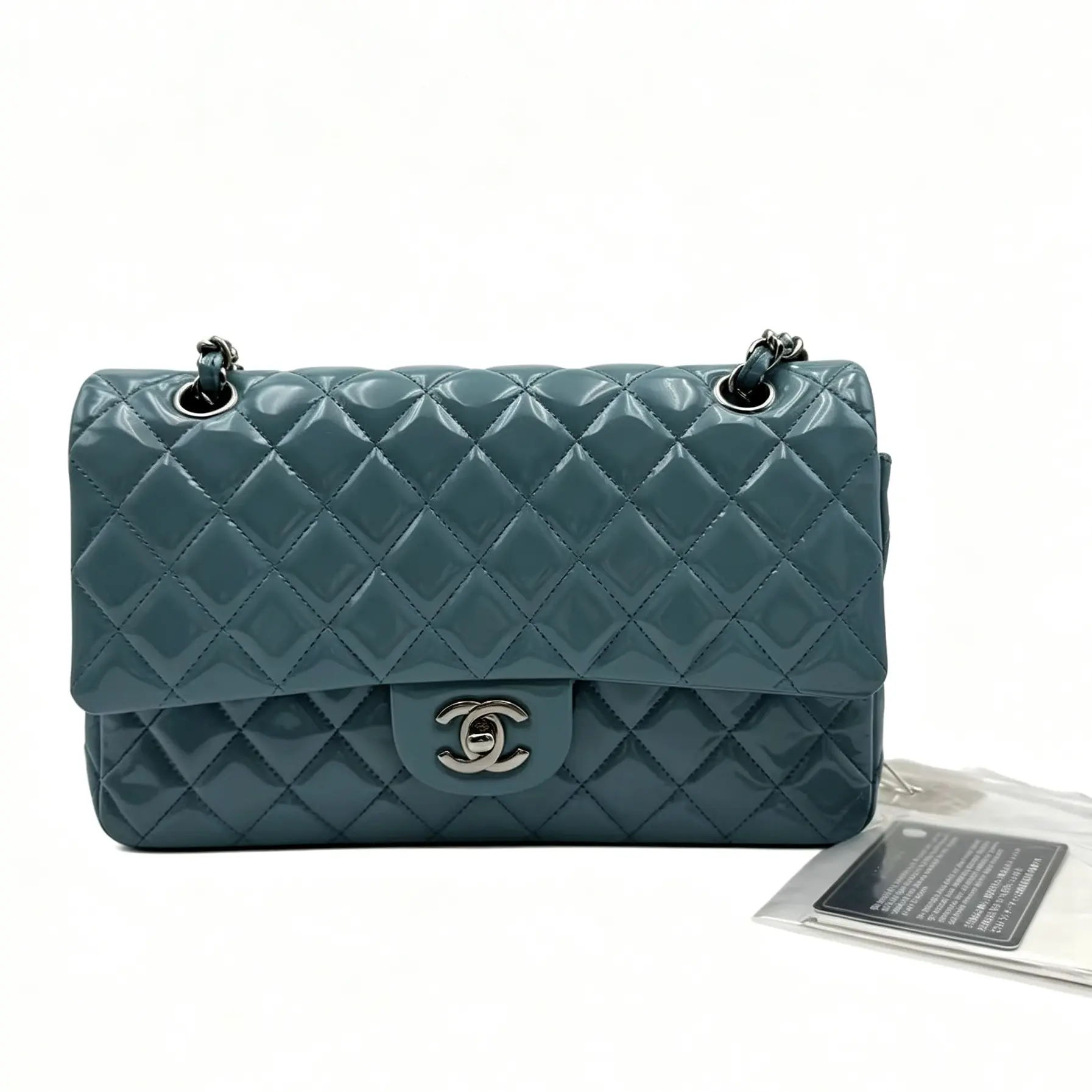 Pre-owned CHANEL H5 Classic Flap (CF) Series Chain Bag, Lake Blue (Duck Blue) Patent Leather H19192