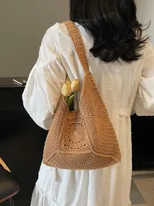 Square Crochet Bag, Cotton Thread Hollow Design, Lazy Style Underarm Tote, Versatile Women's Bag for Students, Commute, Beach Vacation