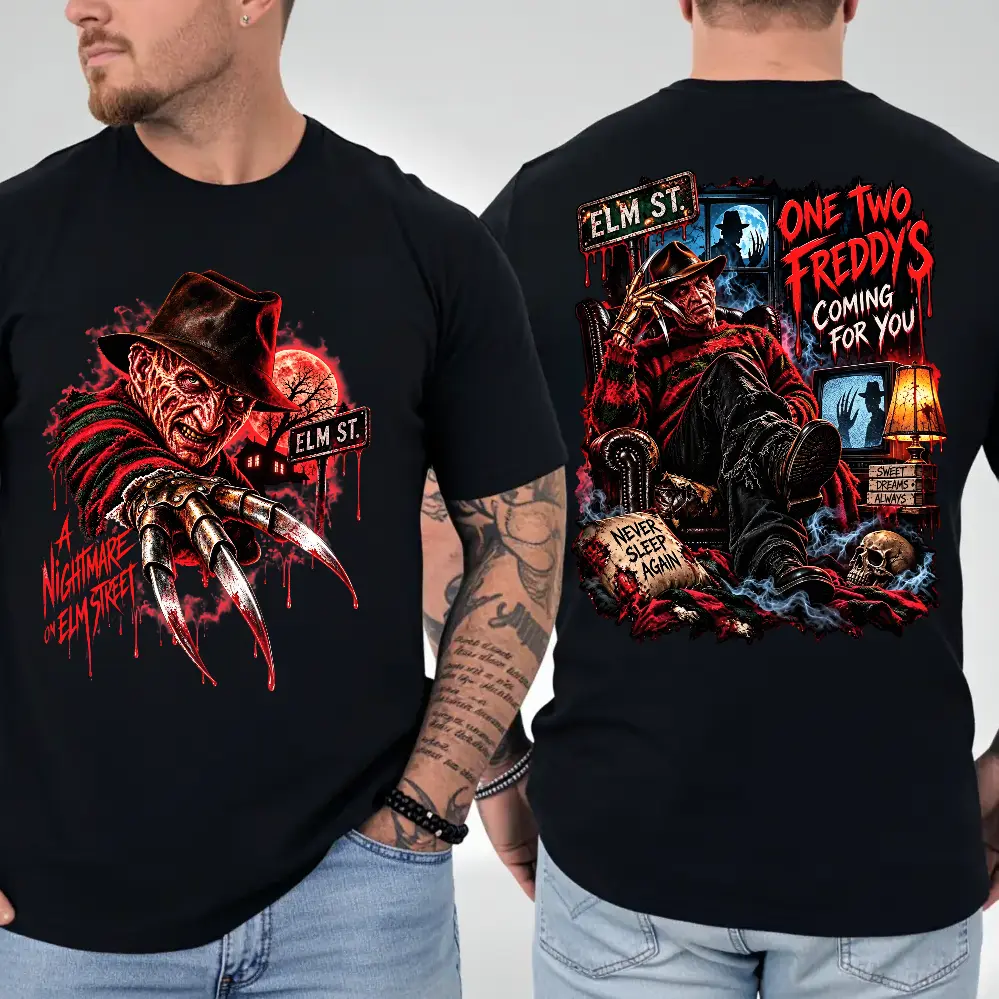 Halloween Horror Movie Inspired T-Shirt, Elm Street Nightmare Front Back Print Tee, Freddy Scary Character Graphic Shirt, Spooky Season Gift For Horror Fans