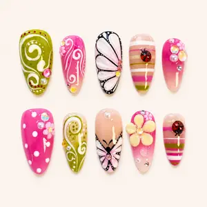 Fairy Garden Press On Nails – Butterfly Wing Art, Ladybug Details, Pink Polka Dots, Colorful Y2K Spring Picnic Nails