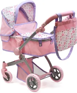 Dolls To Play Baby Doll Convertible Pram Stroller for Kids – Adjustable Handle Foldable Doll Buggy with Canopy, Storage Basket & Diaper Bag – Pink & Purple Floral Pretend Play Stroller for Girls Ages 3+