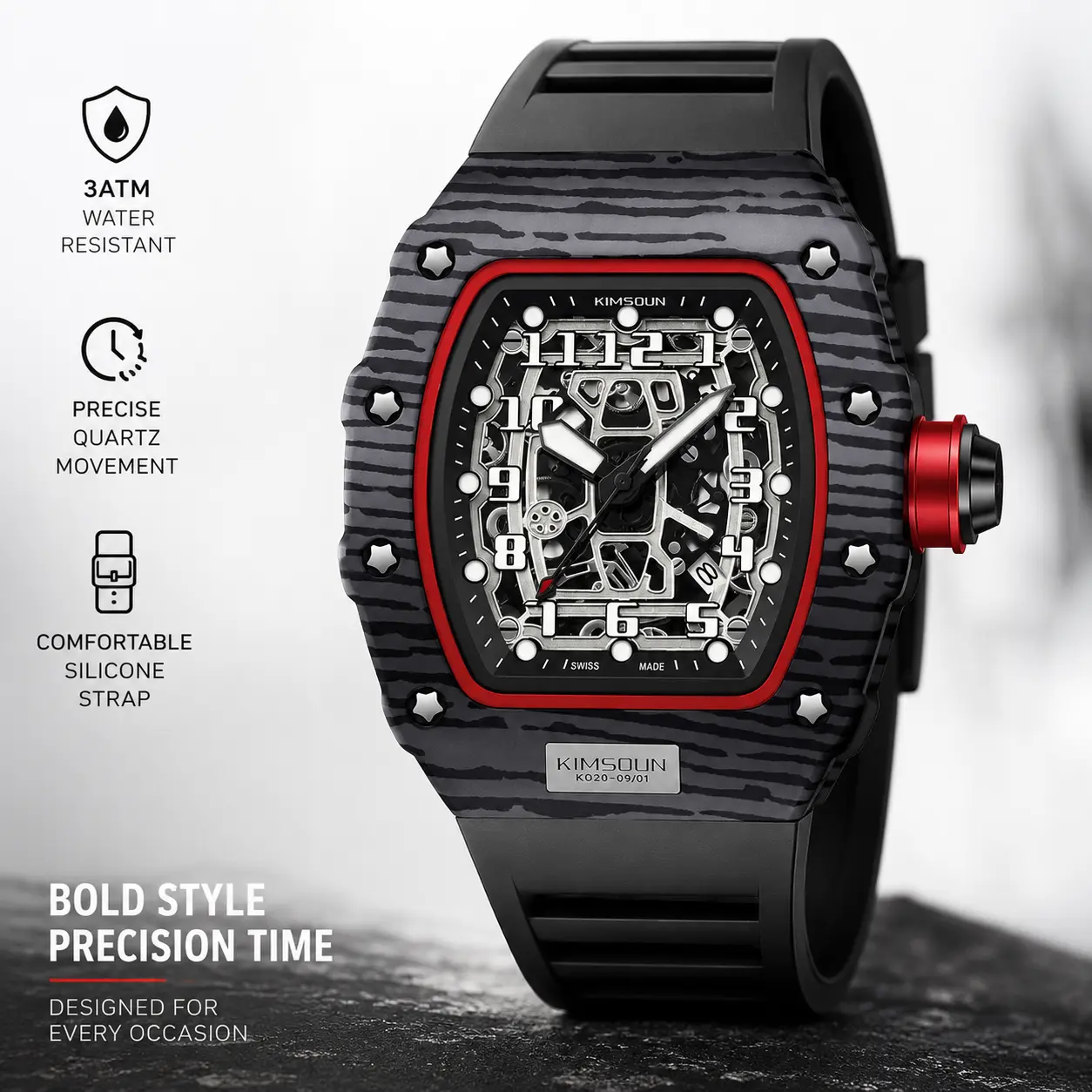 Men's Bold Tonneau Style Watch, Red Wood-Grain Finish Skeleton-Style Dial, Sporty Silicone Strap, Unique Casual Fashion Wristwatch for Men, Stylish Everyday Gift