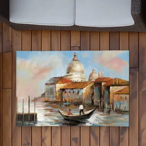 360 stand Rectangle Size Weatherproof Rug, 2x3 ft, 2 Europeans on a Gondola Print, Wave Motif, Printed Face, for Bedroom & Outdoor Use