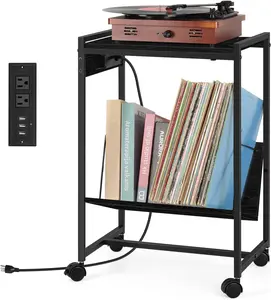 Table stand for CD player with vinyl holder and album storage, featuring charging station and recording storage, black stand suitable for living room and bedroom