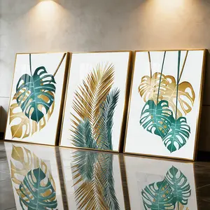 3Pcs Aluminum Alloy Framed Painting, Tropical Green And Gold Leaf Picture, Home Decoration For Living Room, Bedroom, Office, Restaurant, Hallway Wall Decor, Odorless Print Artwork, Luxury Perfect Gift For Friends And Family