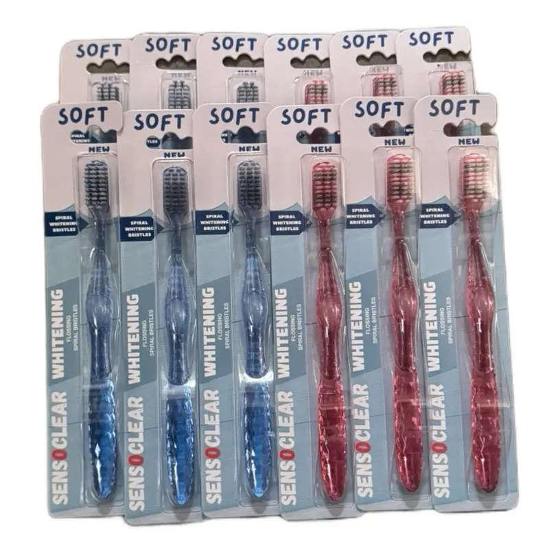 SensClear Premium 12 Pack Spiral Soft Toothbrushes for Gentle Oral Care - Blue & Red Colors Available