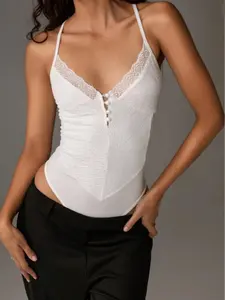 Women's Versatile Lace Black Bodysuit For Vacation, Spring/Summer