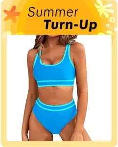 Blooming Jelly Women's High Waisted Bikini Sets Sporty Two Piece Swimsuit Color Block Cheeky High Cut Bathing Suits Swimming Beach Activewear