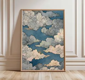 Japanese Cloud Art Poster, Blue and Gold Sky Print, Traditional Woodblock Style, Elegant Japanese Decor, Zen Minimalist Wall Art