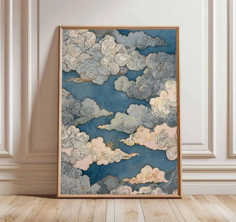 Japanese Cloud Art Poster, Blue and Gold Sky Print, Traditional Woodblock Style, Elegant Japanese Decor, Zen Minimalist Wall Art