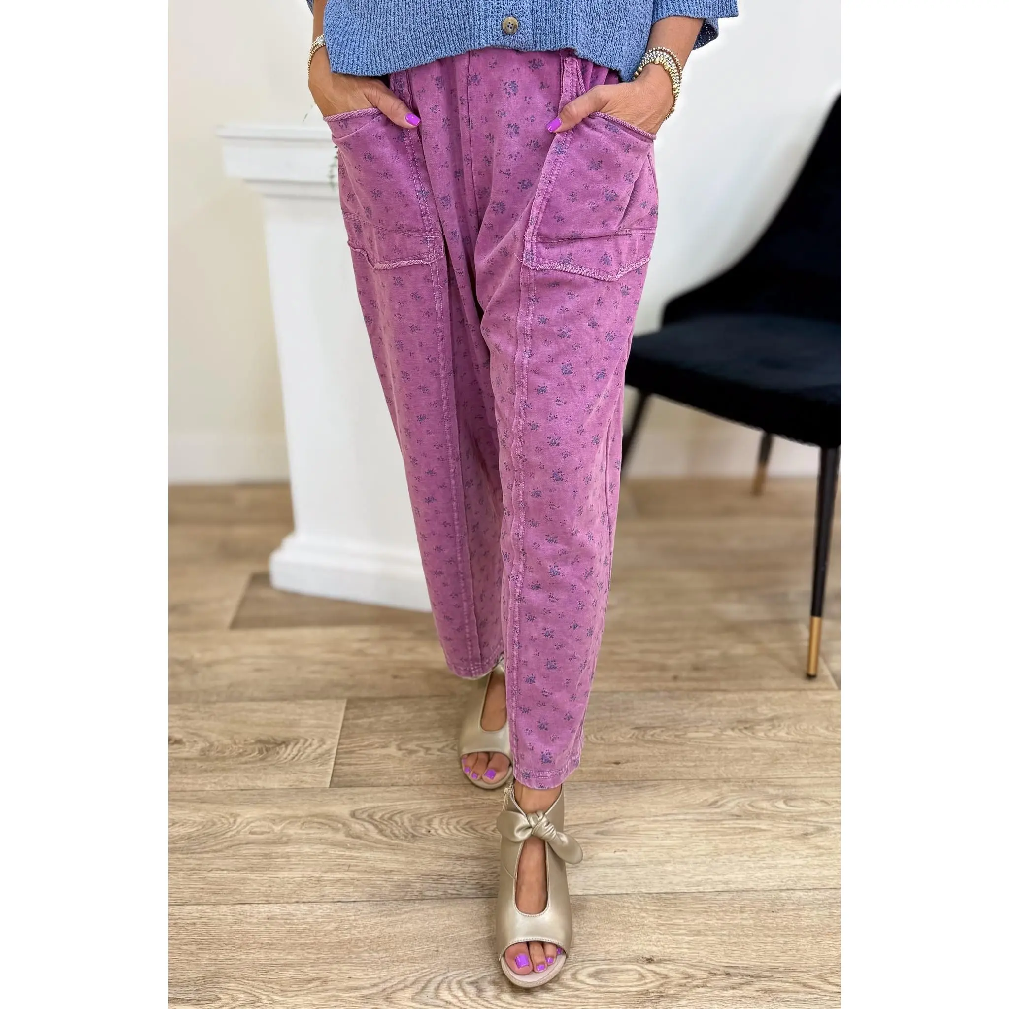 Magenta Ditsy Print Mineral Washed Pant