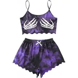Women's Plus Size Two Piece Goth Print Pajama Set Lettuce Trim Cami Shorts Sleepwear