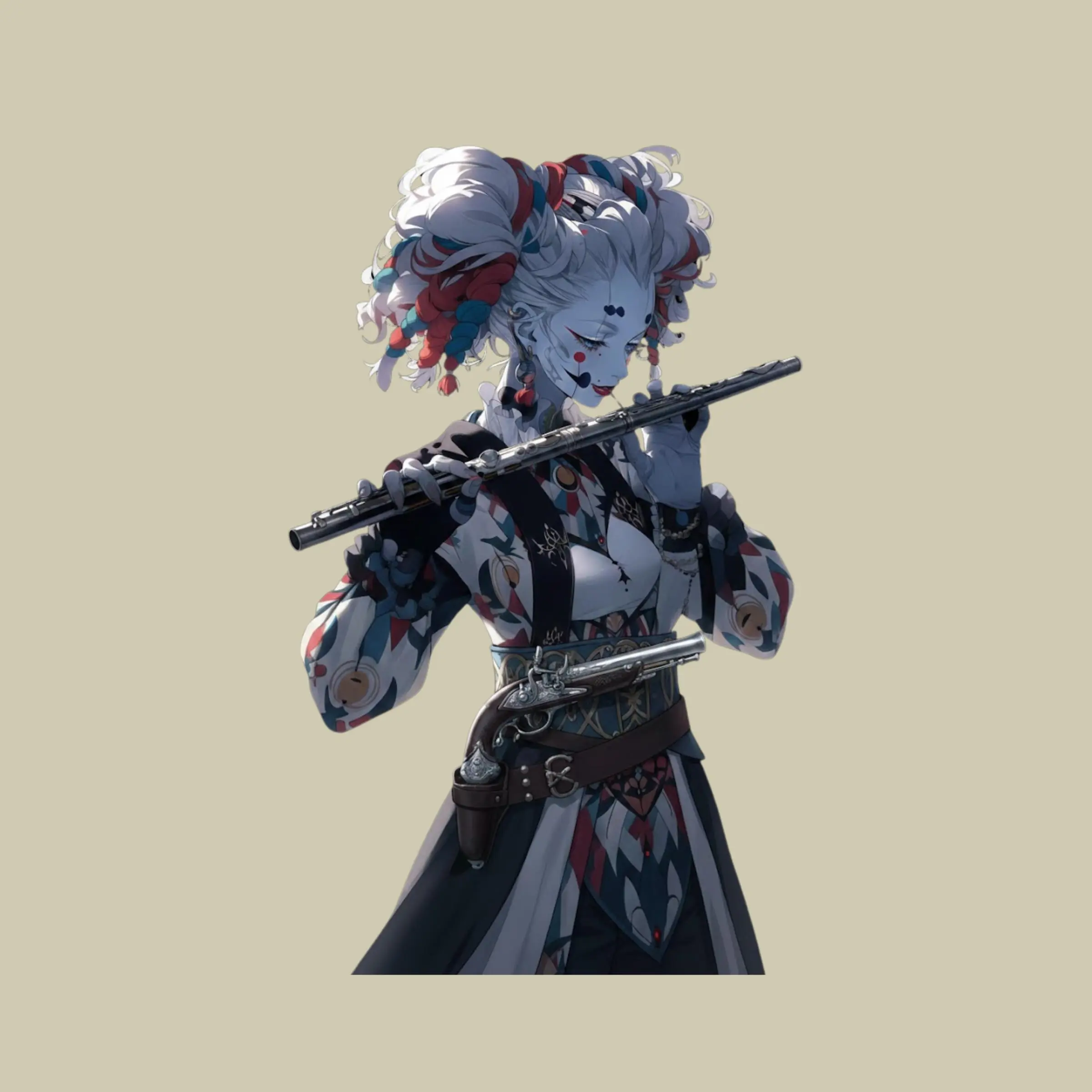 Harlequin Flutist Anime Sticker,  Elegant Jester Girl Playing Flute,  Aesthetic Dark Fantasy Decal