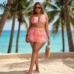 Briza｜Women's Plus Size Triangle Bikini Set Pink Orange Swirl High Waisted Two Piece Swimsuit with Cover Up Pucci Style Bathing Suit Vacation Beach Swimwear, Women's Swimwear, Bathing Suit for Women, Two Piece Bathing Suit, Cover Up Swimwear